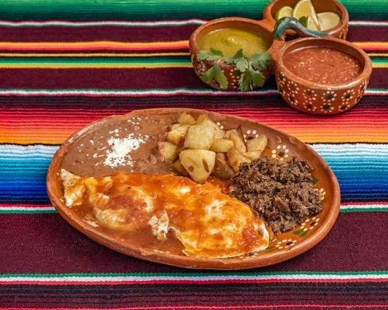 Huevos Rancheros with Barbacoa Plate.